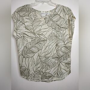 Rachel Zoe (Size L) Cream & Green 100% Linen Leaf Print Short Sleeve Tunic Top